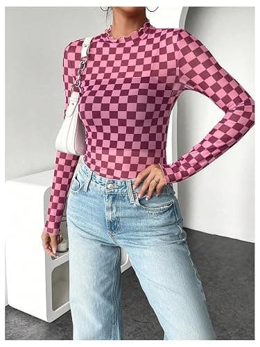 Floerns Women's Checker Print Long Sleeve T Shirts Sheer Mesh Plaid Print Tops thumbnail 4