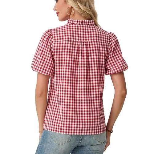 Womens Short Puff Sleeve Button Down Shirts Striped Ruffle Stand Collar Blouse Business Casual Preppy Tops thumbnail 2