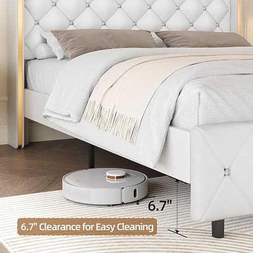 HOMBCK Twin Size Leather Bed Frame with Goldside Wingback Headboard, White | Modern Style, Bed Frame Twin with Velvet Upholstered Headboard, Diamond Tufted Design, No Box Spring Required, Easy Assembly thumbnail 5