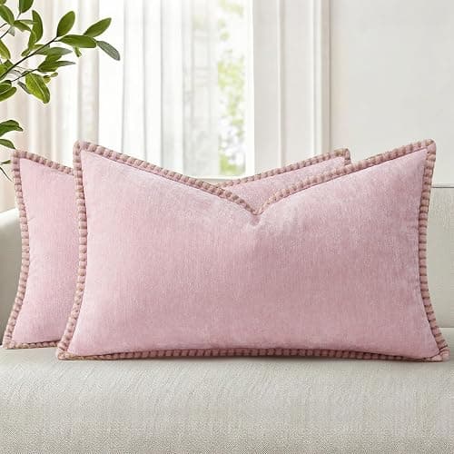 decorUhome Soft Chenille Throw Pillow Covers 12x20 Set of 2 Blush Pink | Fall Textured Decorative Throw Pillow Cases Stitched Edge Modern Farmhouse Luxury Boho Velvet for Couch Sofa Bed Home Decor - Image 1