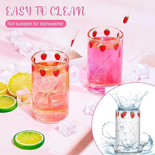 Tessco for you 2 Sets Strawberry Cups Nana Strawberry Glass Cup with Straw Glass Tumbler Drinking Cherry Clear Tumbler Berry Pattern Glasses Bottle for Juice Water Milk Coffee Tea(Lovely) thumbnail 5