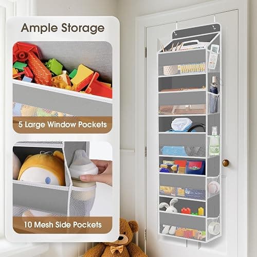 SpaceHacks 1 Pack Over The Door Organizer, Hanging Storage Organizer with Clear Window, 40lb Ultra Sturdy Large Capacity Room Organizer for Pantry Laundry Bathroom Nursery Closet Baby Essential (Grey) thumbnail 4