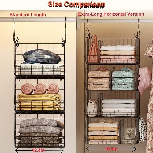 Jautokerdar 4 Tier Hanging Closet Organizer with Dividers,Extra Large Storage Hanging Shelf with 5 S Hooks 4 Dividers,Hang on Wire Closet Shelving Clothes Organizer-Black thumbnail 5