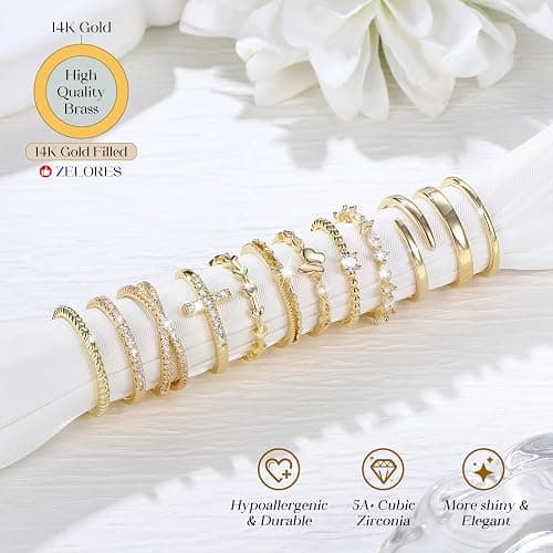 ZELORES 14K Gold Filled Stackable Rings for Women Opal Cross CZ Wedding Bands Rings Dainty Plain Gold Knuckle Rings Set Comfort Fit Size 6-10 thumbnail 5