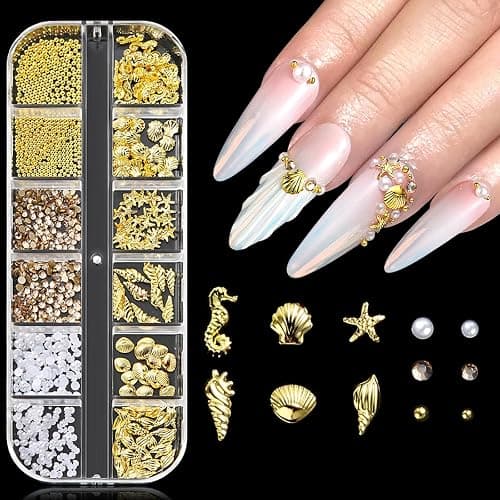 12 Fächer Sommer Muschel Nagelkunst Charms, 3D Ozean Thema Nagel Steinchen, Muschel Charms Nägel Für Frauen, Goldene Perlen Nägel Für DIY-Nageldesign, Kartendeko & Handyhüllen - Image 1