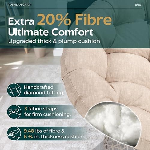 Bme 40" Ergonomic Wicker Papasan Chair with Soft Thick Density Fabric Cushion, High Capacity Steel Frame, 360 Degree Swivel for Living, Bedroom, Reading Room, Lounge - Sephia Sand - White Base - Upgrade Cushion - Classic 40" thumbnail 3