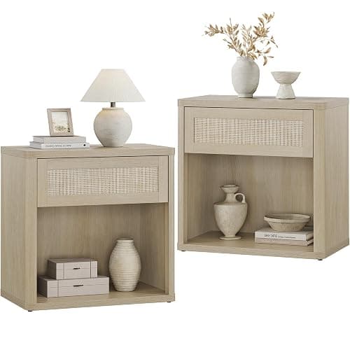 SICOTAS Night Stand Set of 2 26" Wide Large Nightstands with Drawer & Shelf Storage Rattan Bedside Table Boho End Table Tall Bed Side Tables Night Stands for Bedroom Living Room Sofa Office, Sand Oak - Image 1