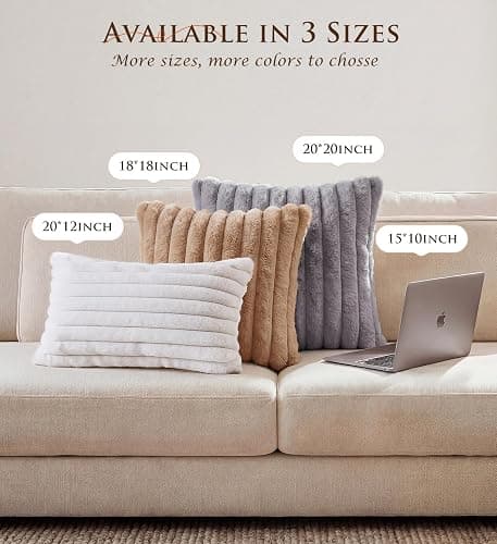 MEGAYES Pack of 2 Throw Pillow Covers 18x18 Decorative Solid Plush Faux Fur with Soft Velvet Back, Square Striped Cushion Cases Modern Farmhouse Home Decor for Living Room Couch Sofa Bed Cream White thumbnail 9