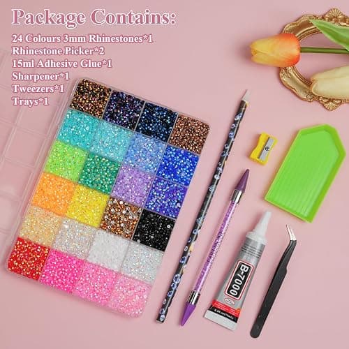 30000Pcs Nail Art Rhinestones, EARLMONI 24 Colors 3mm Flatback Rainbow Gems Resin Jelly Rhinestones Bedazzling Kit + 15ML Jewelry Glue Nail Rhinestone Picker Tool for DIY Crafts Clothes Shoes Nail Art thumbnail 6