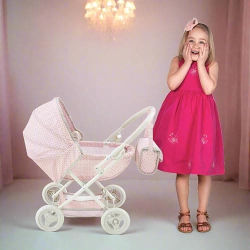 Olivia's Little World Polka Dot Princess Baby Doll Pram Stroller with Retractable Canopy & Storage, Pink thumbnail 5
