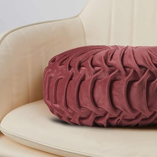 HIG Set of 2 Decorative Round Pleated Throw Pillows,Classy Accent Pumpkin Throw Pillows with Center Button,Vintage Velvet Floor Pillows for Sofa Vanity Chair Bed,Dusty Rose,14.5" Diameter(Ripple) thumbnail 6