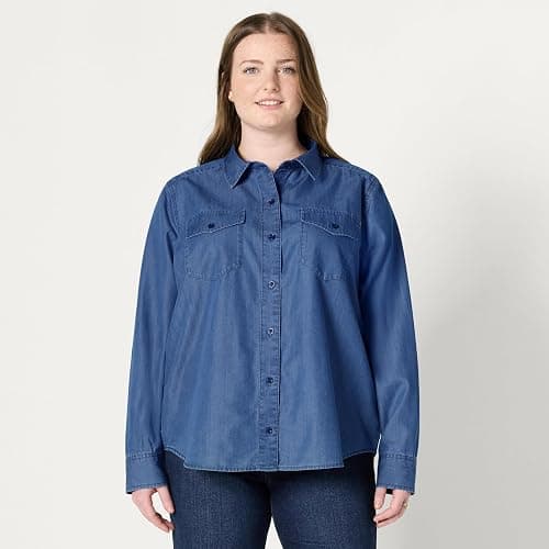 Amazon Essentials Womens Relaxed-Fit Denim Chambray Button-Down Long-Sleeve Shirt thumbnail 6