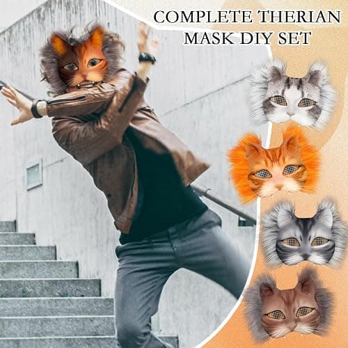 Seenelling 33 Pcs Therian DIY Mask Kit for Beginners Including Blank Cat Mask Faux Fur Fabric Felt Fabric Plastic Mesh Sheet(Warm Colors) thumbnail 5