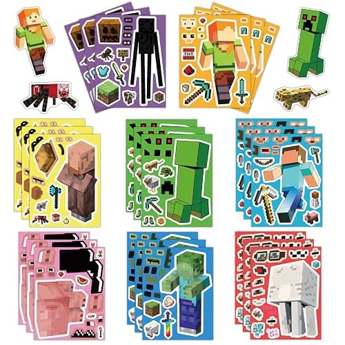 24 Sheets Cartoon Stickers, Mixed & Matched with 8 Designed Characters(3 of Each) Stickers, Cute Pixel Party Favors - Image 1