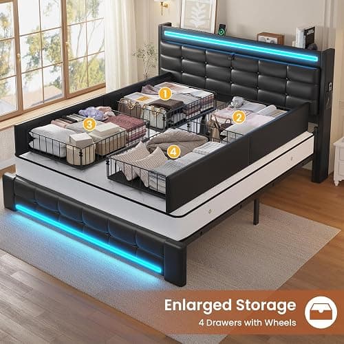 ADORNEVE Queen Bed Frame with Storage Headboard & 4 Drawers, LED Bed Frame Queen with Charging Station, Leather Upholstered Platform Bed Frame with Button Tufted, No Box Spring Needed, Black PU thumbnail 5