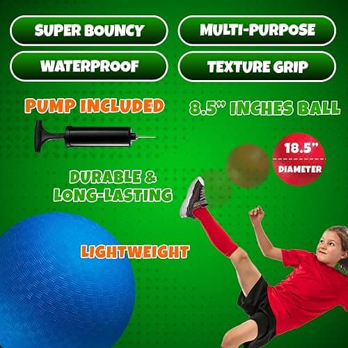 8.5-Inch Red & Blue Kickballs (2-Pack) with Hand Pump, Playground Balls | Rubber Playground Balls for Kickball, Dodgeball, Four Square, PE Class, School, Recess, Backyard Games, Indoor & Outdoor Play thumbnail 4