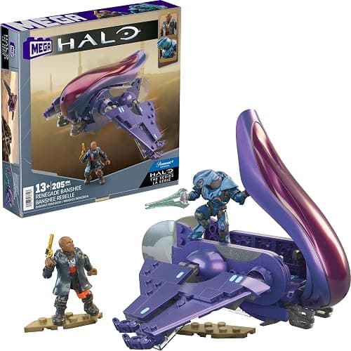 MEGA Halo the Series Vehicle Building Toys Set, Renegade Banshee Aircraft with 205 Pieces, 2 Micro Action Figures, Purple, Kids and Fans - Image 1