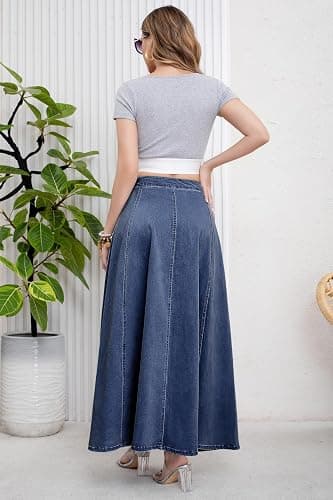 ebossy Women's Retro High Waisted Button Fly Flared Long Jean Skirts Pleated Flowy Swing A-line Denim Maxi Skirts thumbnail 5