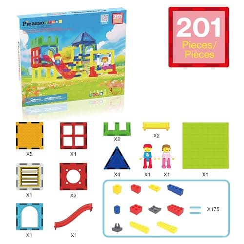 PicassoTiles Magnetic Tiles Slide & Swing Playground Building Block with 2 Character Action Figures Magnet Tile Construction Bricks Sensory Toys STEM Learning Educational Toy Kit Boy Girl Age 3+ PTQ30 - SlideSwing thumbnail 3