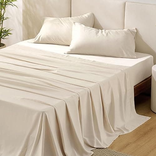 Bedsure Queen Sheet Set, Rayon Derived from Bamboo, Cooling Sheets, PureWoven, Breathable & Soft, Deep Pocket Up to 16", Hotel Luxury Silky Bedding for Hot Sleepers, Light Beige - Image 1
