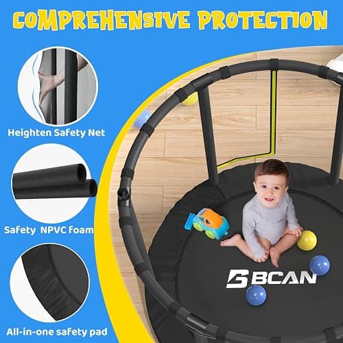BCAN 60''/55" Mini Trampoline for Ages 1 to 8 Kid, 5FT Toddler Trampoline - Indoor/Outdoor Use with Enclosure Net, Adjustable Gymnastics Bars, Basketball Hoop, Gifts for Boys & Girls - 55IN - 55-BLACK thumbnail 2