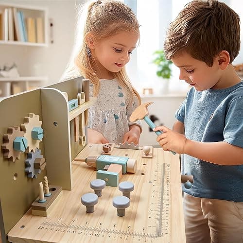 Kids Tool Set,Wooden Tools Bench with Apron Toddler Toy Workbench with Realistic Tools Electric Drill STEM Construction Toy Gifts for Age 3-9 Boys Girls thumbnail 2