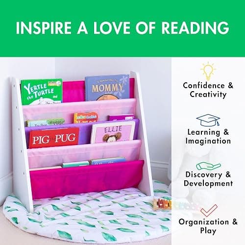 Humble Crew 4-Tier Kids Bookshelf, White Wood/Pink/Purple - Premium Book Shelf for Kids Rooms with Four Deep Pockets - Toddler Sling Book Rack with Deep Sleeves, Nursery Bookcase Organizer thumbnail 6