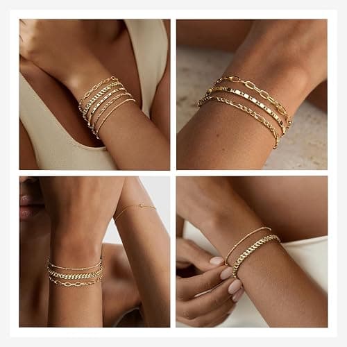 Gokeey Gold Bracelets for Women Non Tarnish Trendy,14K Gold Plated Dainty Stackable Paperclip Cuban Link Chain Bracelets, Simple Cute Cuff Bracelets Jewelry Set Adjustable 7"+2" thumbnail 5