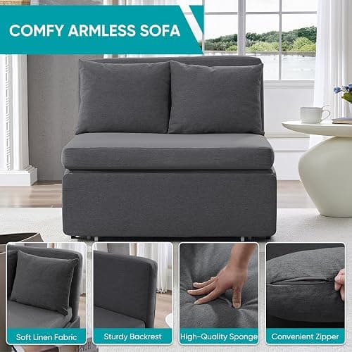 BALUS 43"W Twin Pull Out Sofa Bed Sleeper Couch with Pullout Beds, 2 in 1 Convertible Linen Sleepers Sofa Single Chair with Pillows and 3.9" Foldable Mattress for Small Space Apartment Loft, Dark Grey thumbnail 6
