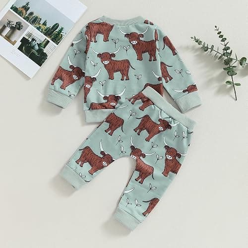 KtwHarnu Western Baby Boy Girl Outfit Cow Print Long Sleeve Crewneck Sweatshirt Elastic Waist Pants Set Fall Winter Clothes thumbnail 2