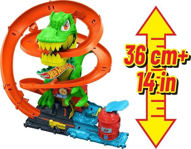 Hot Wheels Toy Car Track Set, City T-Rex Blaze Battle Playset & 1:64 Scale Die-Cast Vehicle, 18” Tall, Multiple Race Outcomes, Spinning Dinosaur Eyes thumbnail 7