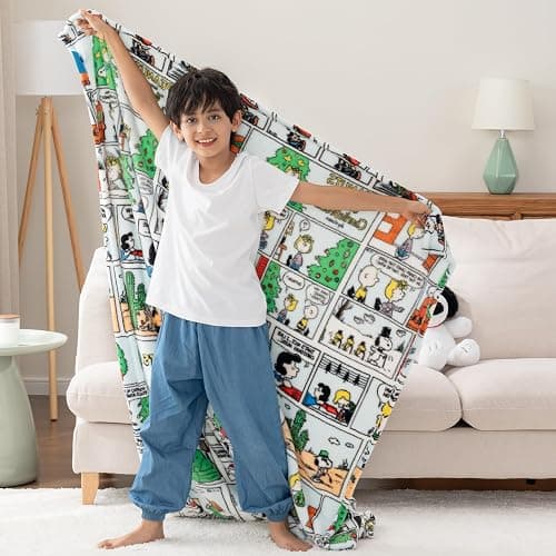 Berkshire Blanket Peanuts® VelvetLoft® Cute Character Snoopy Plush Oversized Kids Throw Blanket, Peanuts Christmas Comic Strip Colorized White (50in x 60in) thumbnail 5