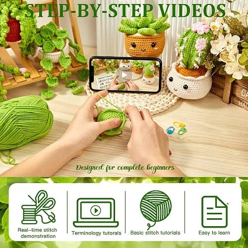 MAGIMUSE Crochet Kit for Beginners, Crochet Starter Kits, Amigurumi Craft Knitting Crocheting Kits with Step-by-Step Video Tutorials, 6 Pack Hanging Potted Plants Family(40%+ Yarn thumbnail 4