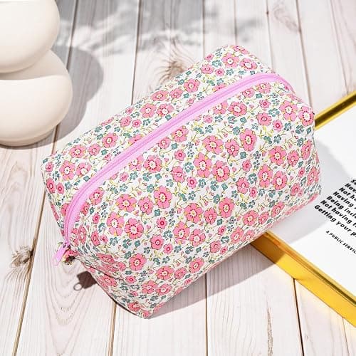 SOIDRAM Pink Makeup Bag Floral Cosmetic Bag Puffy Coquette Makeup pouch Aesthetic Cute Quilted Travel Toiletry Bag Organizer cotton Makeup Brushes Storage Bag for Women thumbnail 2
