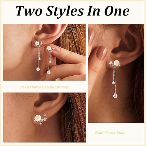 Dangle Pearl Drop Earrings For Women Trendy Long Threader Chain Dainty Flower Wedding Earrings For Brides CZ Cute 14K Gold Statement Sparkly Jewelry thumbnail 6