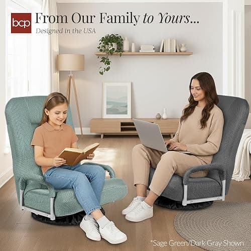 Best Choice Products Swivel Gaming Chair 360 Degree Multipurpose Floor Chair Rocker for TV, Reading, Playing Video Games w/Lumbar Support, Armrest Handles, Adjustable Foldable Backrest - Black/Black thumbnail 8