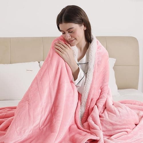 ESTINGO Heated Blanket Throw, Electric Throw Blanket with 5 Heating Levels & 4 Hours Auto Off, Soft Cozy Flannel Sherpa Electric Heated Blanket with ETL Certified for Office, 50"x60", Pale Pink - Image 1