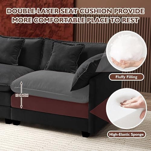 Ihanherry U-Shaped Modern Sofa 146" Modular Sectional Cloud Couch with 2 Ottoman, 6-Seat Chenille Deep Seat Sofa with 6 Pillows for Living Room, Black thumbnail 4