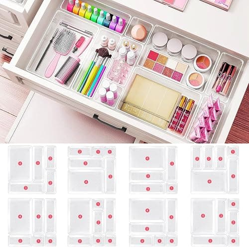 Comfylichi 15 Piece Clear Plastic Drawer Organizers Set - 4 Sizes Bathroom & Dresser Storage Bins, Stackable Kitchen Desk Organizer Trays for Makeup, Jewelry, Utensils, Junk, Gadgets thumbnail 5