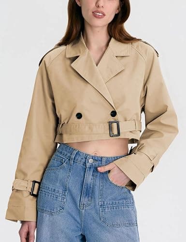 Xiaoxuemeng Womens Cropped Bike Jacket Casual Double Breasted Trench Coat with Belt thumbnail 4
