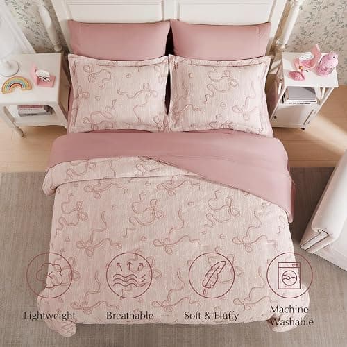 Geniospin Pink Twin Comforter Set for Girls- 5 Pieces Bowknot Jacquard Bed in A Bag Twin Bedding Sets with Sheets, Pillowcases & Shams, All Season Kids Comforter Set thumbnail 3