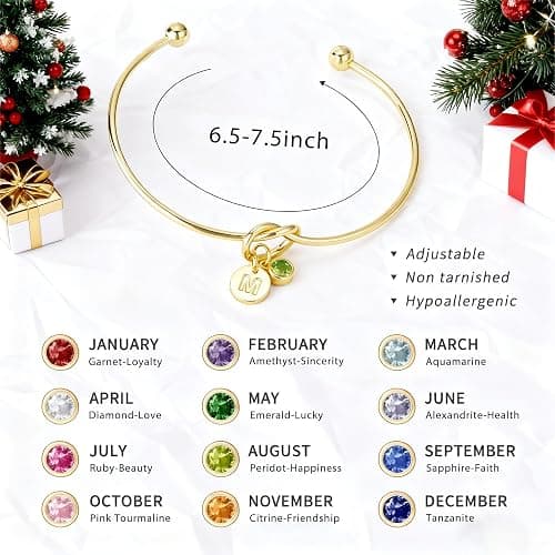 Turandoss Christmas Gifts for Grandkids, Dainty 14K Gold Plated 12 Months Disc Initial Birthstone Heart Knot Bangle Bracelet Birthday Bridesmaid Bracelet Jewelry for Women Girls thumbnail 6