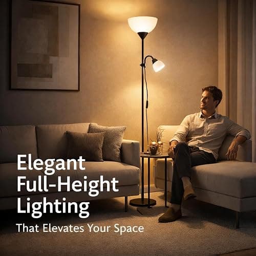 BURAKH Adjustable High Brightness Floor Lamp with 2 Reading Lights for Living Rooms, Bedrooms – Replace Halogen Standing Lamps with Efficient LED Office Lighting - Tall Pole (Grey) thumbnail 2