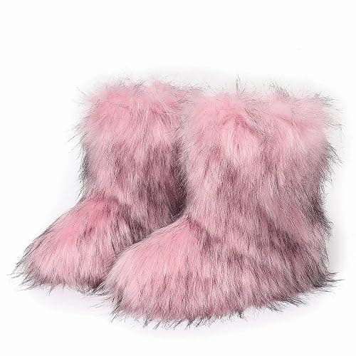 CryoSnowVale Women Faux Fur Furry Boot Fluffy Mid Calf Snow Boots Round Toe Suede Comfy Warm Flat Shoes Winter For Girl - Image 1