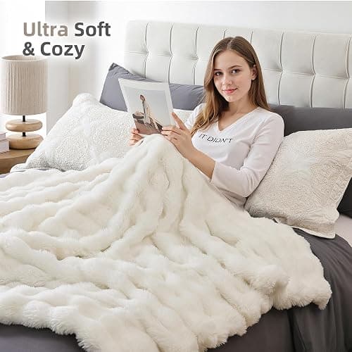 Smoofy Faux Fur Throw Blanket for Couch – Cream White Fluffy Cozy Rabbit Fleece, Plush Soft Bubble Blanket for Sofa & Bed, for Mom, Warm Fuzzy Home Room Decor Throw 50" x 60" thumbnail 5