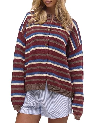 SOLY HUX Women's Y2K Striped Color Block Oversized Cardigan Sweater | Colorful, Long Sleeve Drop Shoulder Cardigans, Sweater Knit Jacket, Button Down - Image 1