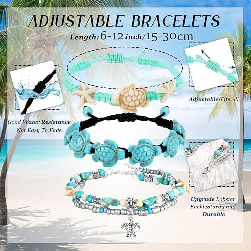 FASACCO 10 PCS Turtle Ankle Bracelets for Women Waterproof Handmade Starfish Sea Turtle Bracelet Adjustable Boho Summer Beach Bracelets for Women Men Bahamas Souvenirs thumbnail 2