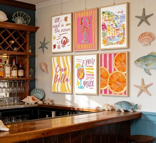 6Pcs Summer Coastal Poster Wall Art,Pink Orange Coastal Painting Picture Wall Decor,Amalfi Beach Canvas Print Artwork for Bathroom,Bedroom,Living Room,Beach House Home Decor,8x10 Inch Unframed thumbnail 5