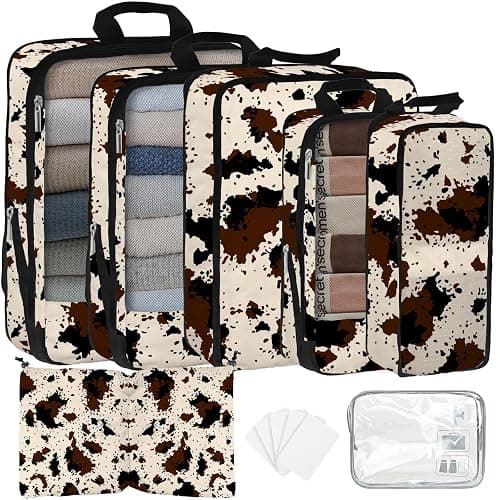 7 Pcs Compression Packing Cubes for Travel, Waterproof Suitcase Luggage Backpack Organizer with Toiletry Bag Travel Essentials for Women/Men-Cow Print - Image 1
