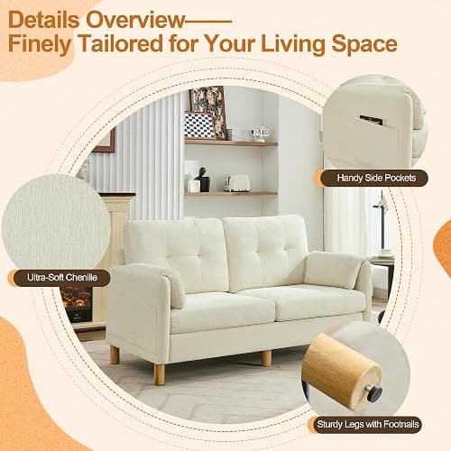 WUTUTUEE 65" Chenille Loveseat Sofa, Modern 2-Seater Love Seat Couch with Armrest Pillows, Storage Pockets, Easy Assembly, Upholstered Tufted Loveseat Sofa Couches for Living Room Bedroom, Beige thumbnail 4